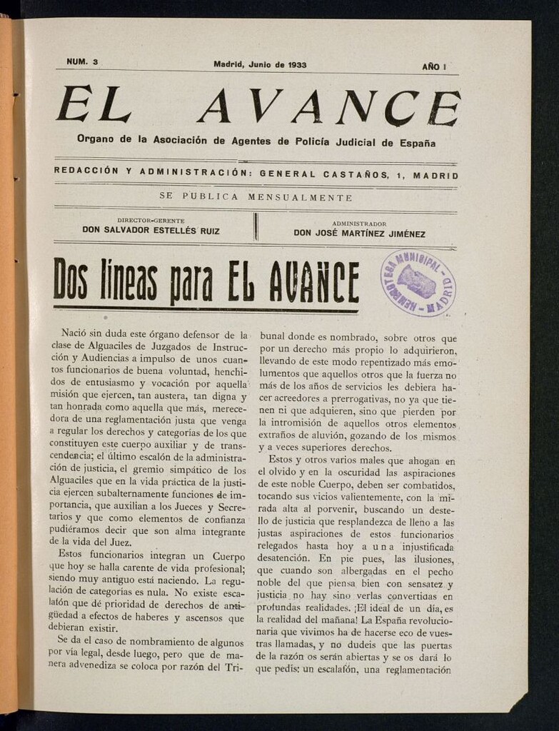 Miniatura de El Avance : órgano de la Asociación de Agentes de Policía Judicial de España de junio de 1933