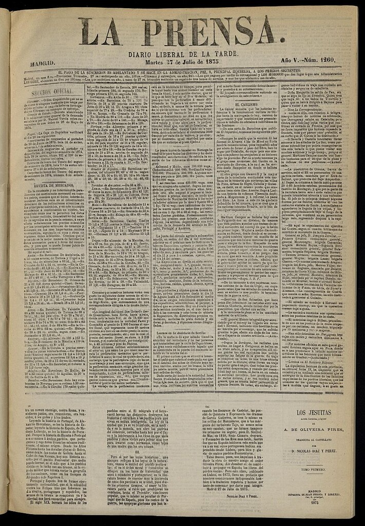 Miniatura de La Prensa : diario de la mañana : político, literario y de noticias del 27 de julio de 1875, nº 1260