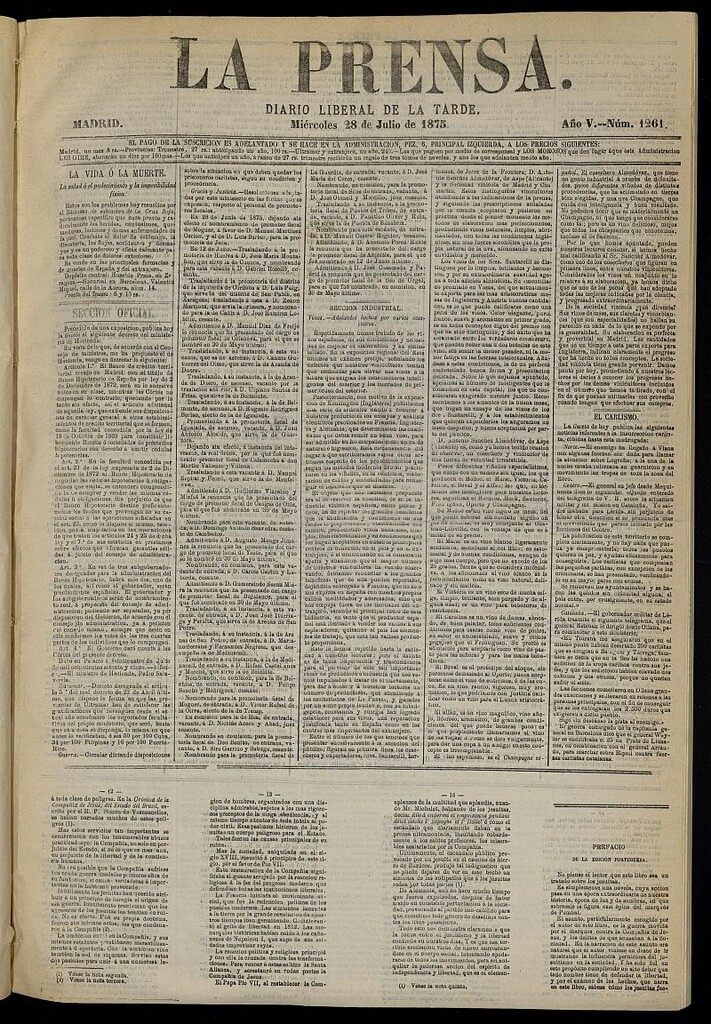 Miniatura de La Prensa : diario de la mañana : político, literario y de noticias del 28 de julio de 1875, nº 1261