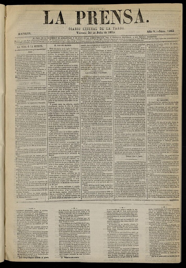 Miniatura de La Prensa : diario de la mañana : político, literario y de noticias del 30 de julio de 1875, nº 1263