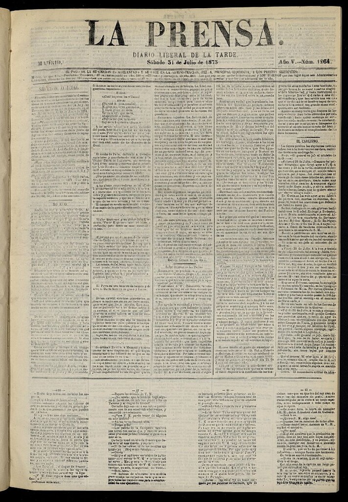 Miniatura de La Prensa : diario de la mañana : político, literario y de noticias, del 31 de julio de 1875, nº 1264