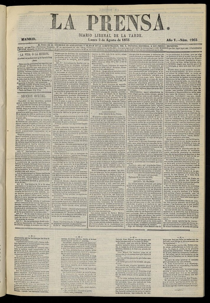 Miniatura de La Prensa : diario de la mañana : político, literario y de noticias del 2 de agosto de 1875, nº 1265