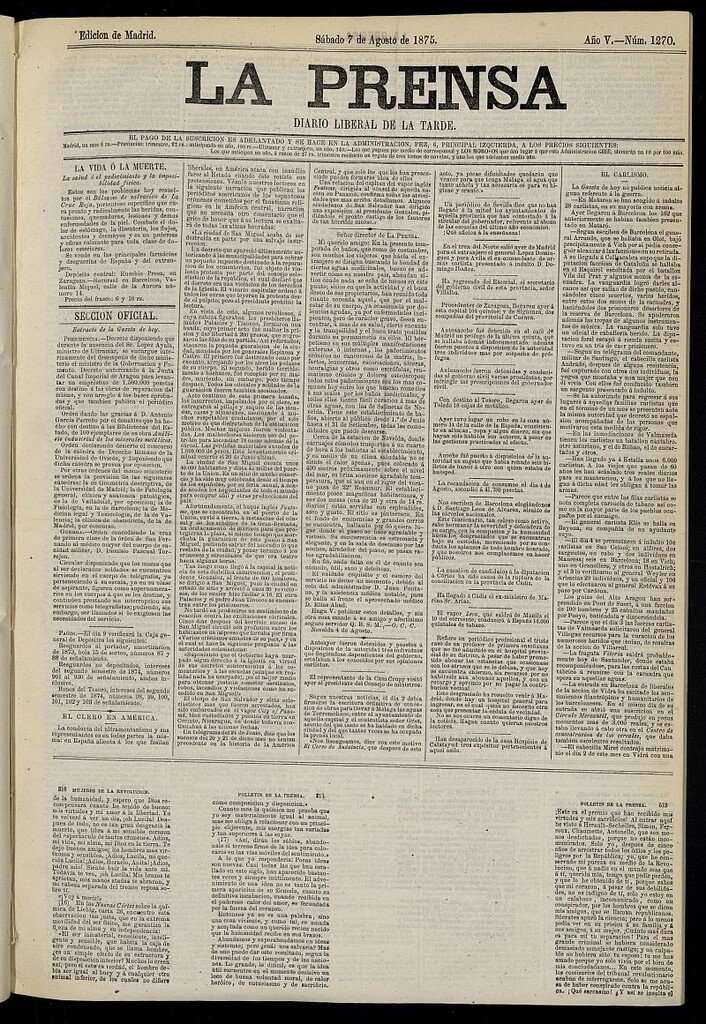 Miniatura de La Prensa : diario de la mañana : político, literario y de noticias del 7 de agosto de 1875, nº 1270