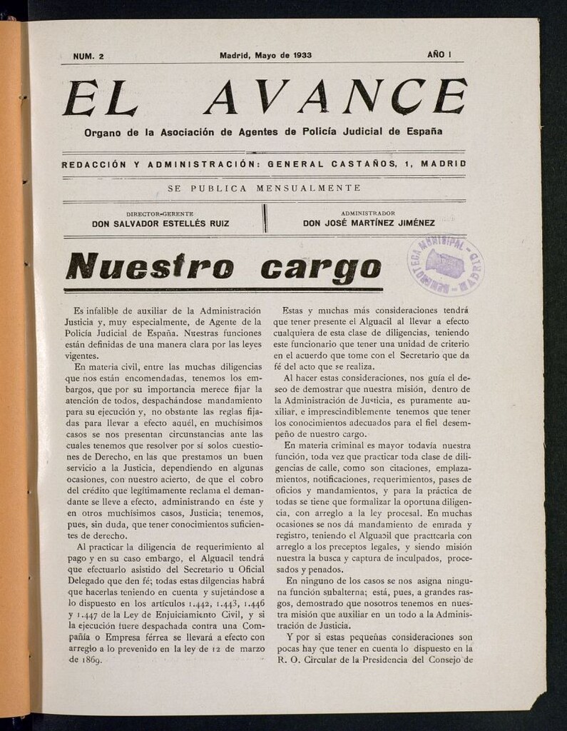 Miniatura de El Avance : órgano de la Asociación de Agentes de Policía Judicial de España de mayo de 1933