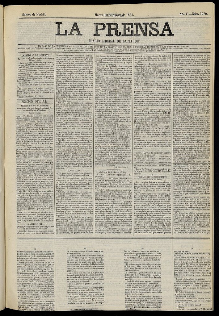 Miniatura de La Prensa : diario de la mañana : político, literario y de noticias del 10 de agosto de 1875, nº 1272