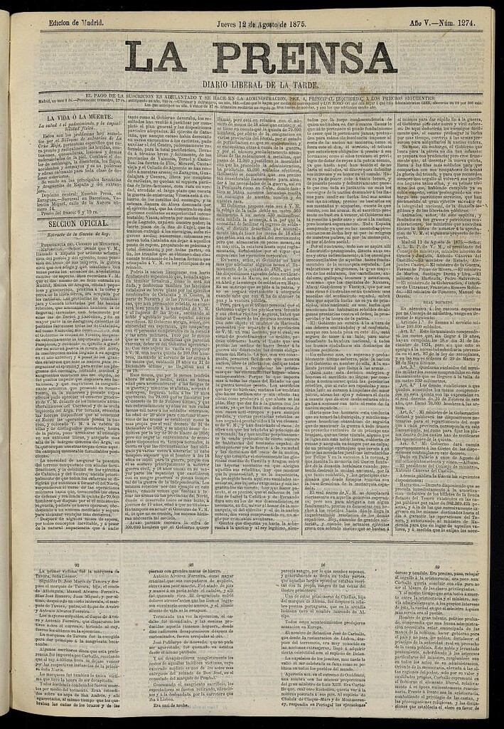 Miniatura de La Prensa : diario de la mañana : político, literario y de noticias del 12 de agosto de 1875, nº 1274