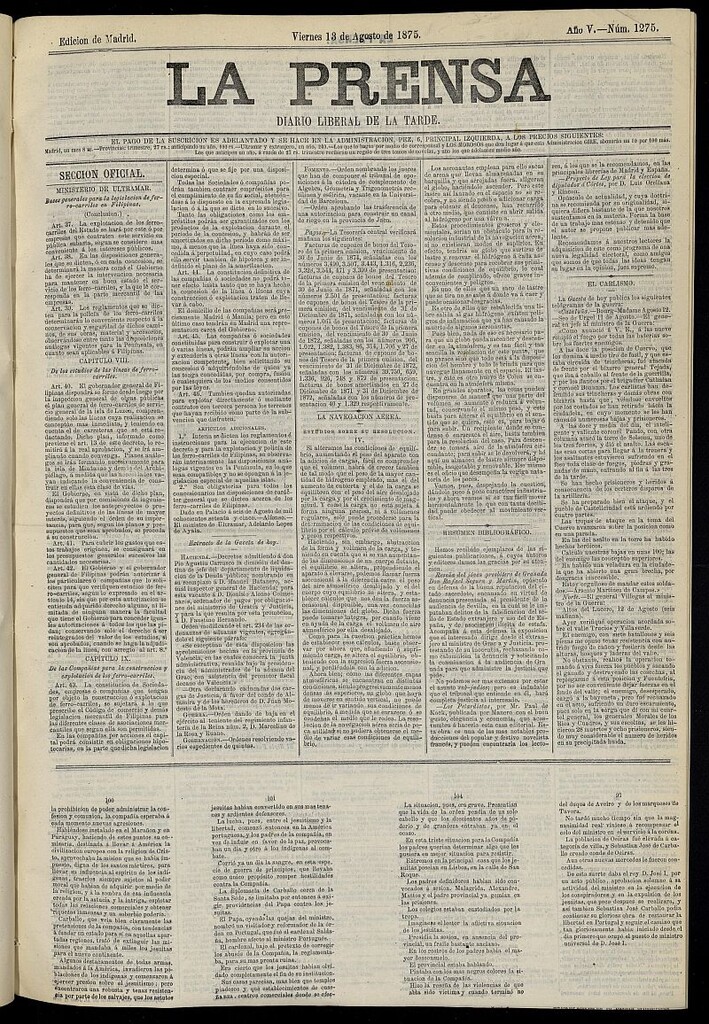 Miniatura de La Prensa : diario de la mañana : político, literario y de noticias del 13 de agosto de 1875, nº 1275