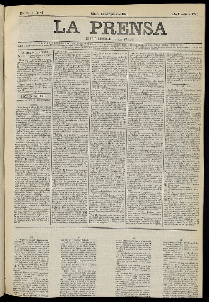 Miniatura de La Prensa : diario de la mañana : político, literario y de noticias del 14 de agosto de 1875, nº 1276