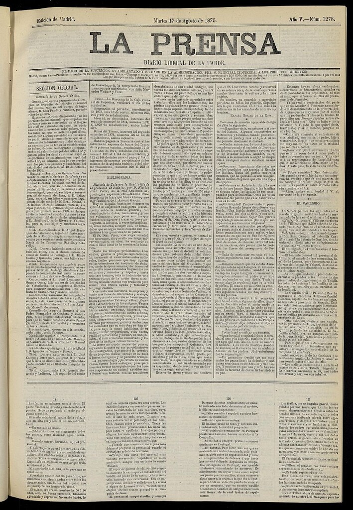 Miniatura de La Prensa : diario de la mañana : político, literario y de noticias del 17 de agosto de 1875, nº 1278