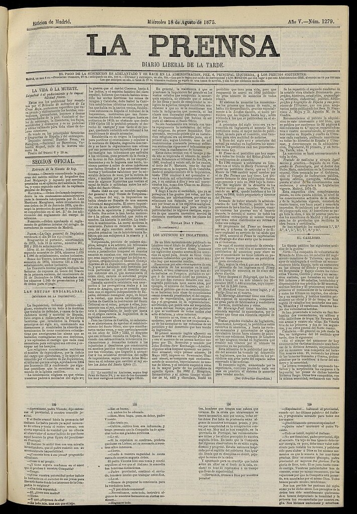 Miniatura de La Prensa : diario de la mañana : político, literario y de noticias del 18 de agosto de 1875, nº 1279
