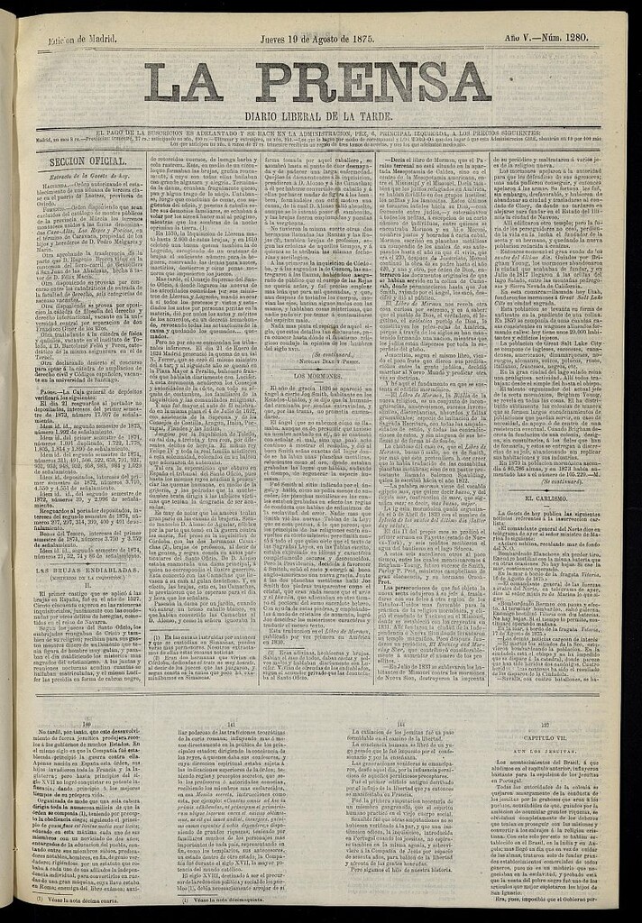Miniatura de La Prensa : diario de la mañana : político, literario y de noticias del 19 de agosto de 1875, nº 1280