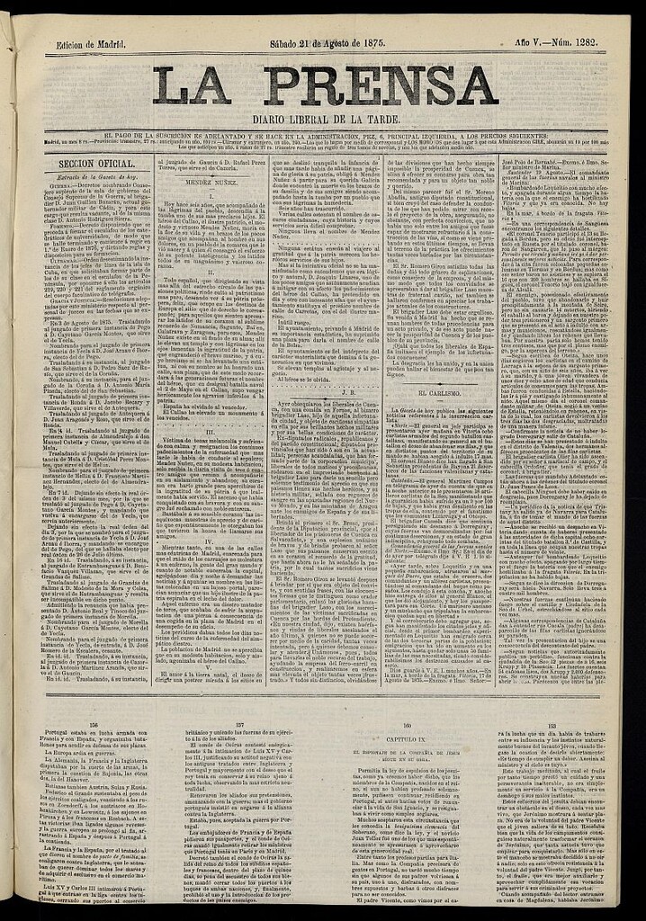 Miniatura de La Prensa : diario de la mañana : político, literario y de noticias del 21 de agosto de 1875, nº 1282