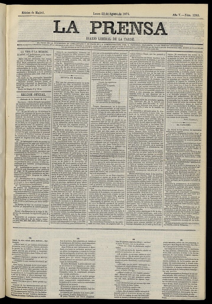 Miniatura de La Prensa : diario de la mañana : político, literario y de noticias del 23 de agosto de 1875, nº 1283