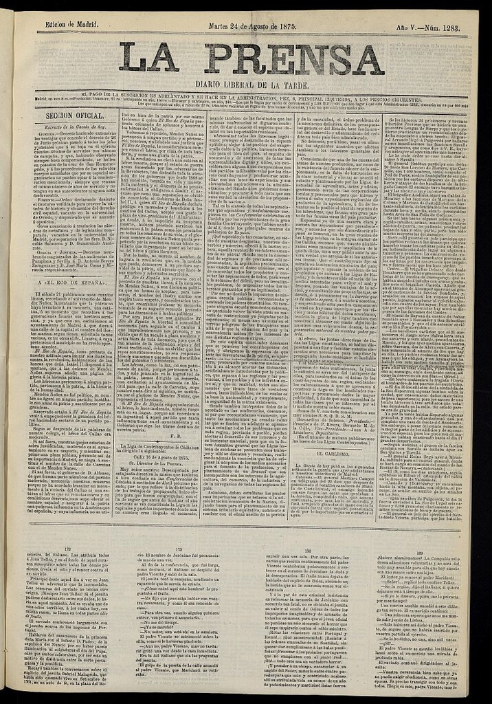 Miniatura de La Prensa : diario de la mañana : político, literario y de noticias del 24 de agosto de 1875, nº 1283[sic]