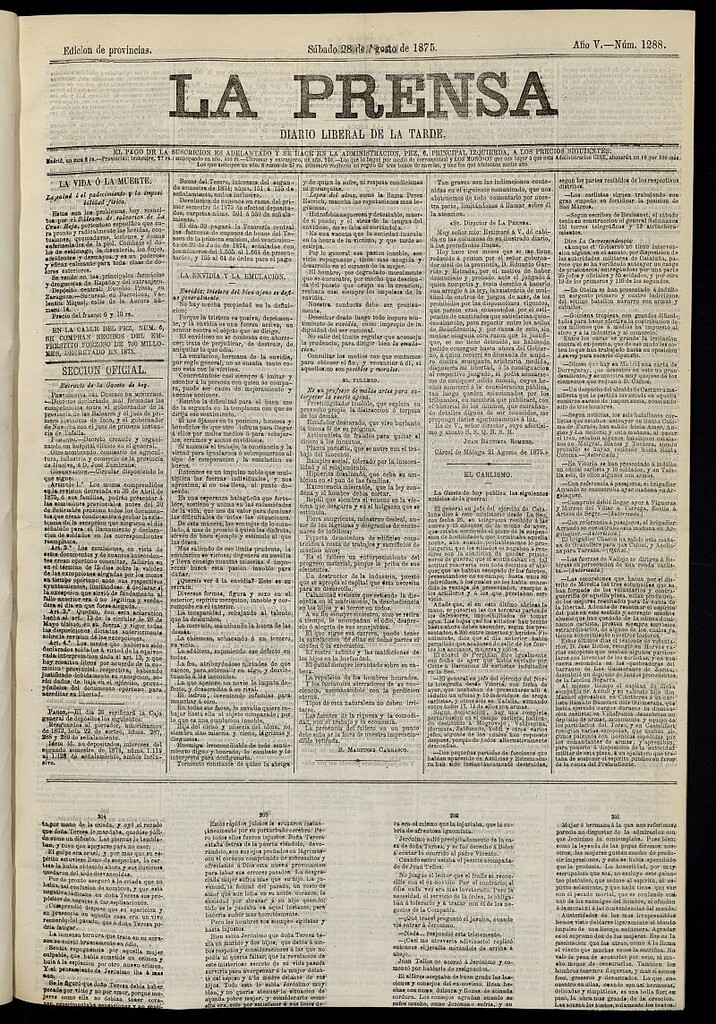 Miniatura de La Prensa : diario de la mañana : político, literario y de noticias del 28 de agosto de 1875, nº 1288