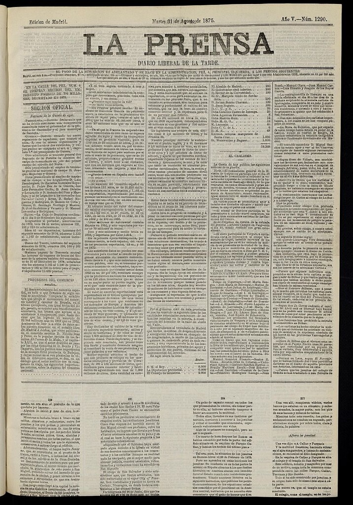 Miniatura de La Prensa : diario de la mañana : político, literario y de noticias del 31 de agosto de 1875, nº 1290