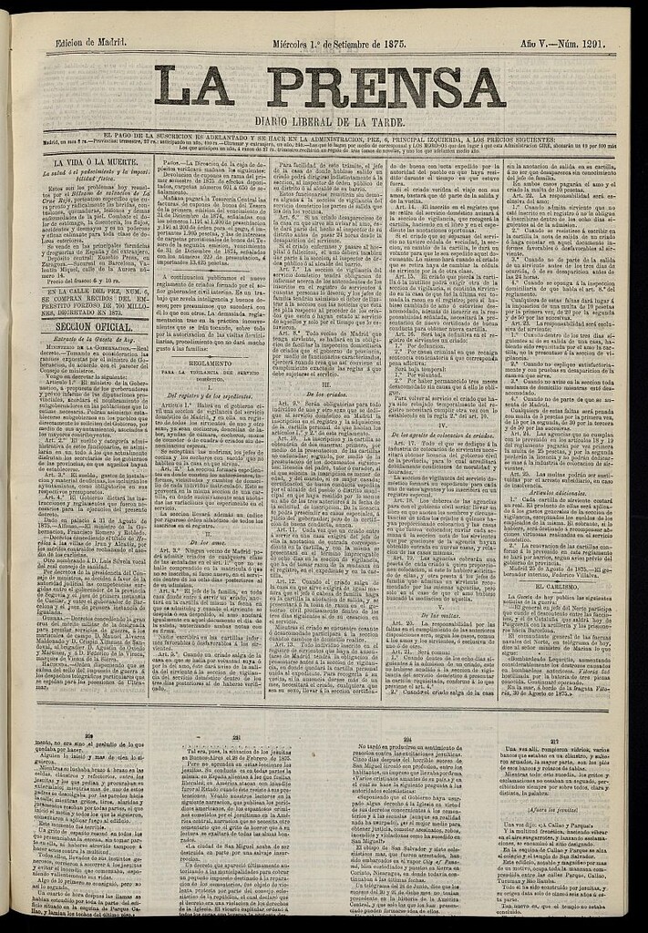 Miniatura de La Prensa : diario de la mañana : político, literario y de noticias del 1 de septiembre de 1875, nº 1291