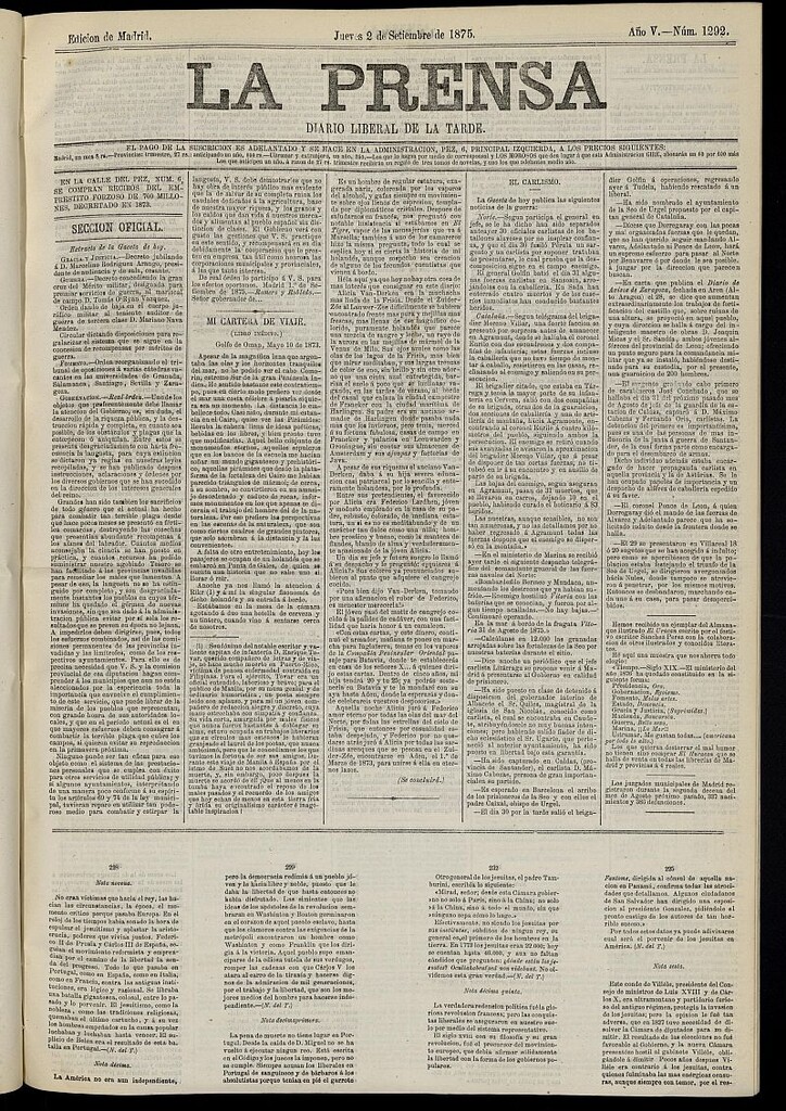 Miniatura de La Prensa : diario de la mañana : político, literario y de noticias del 2 de septiembre de 1875, nº 1292