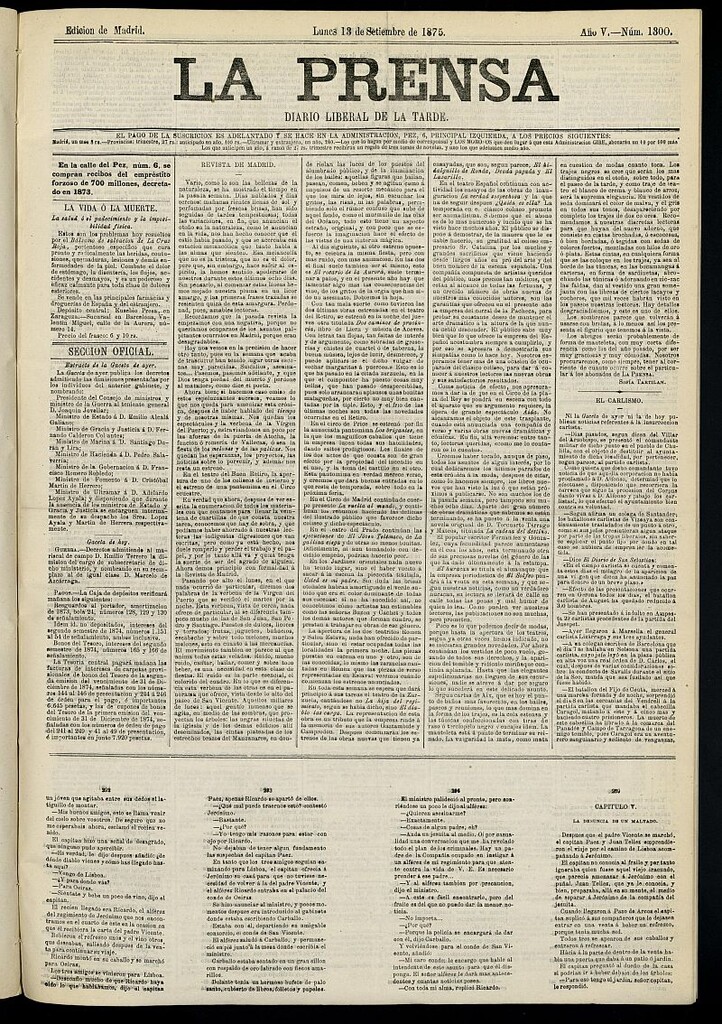 Miniatura de La Prensa : diario de la mañana : político, literario y de noticias del 13 de septiembre de 1875, nº 1300