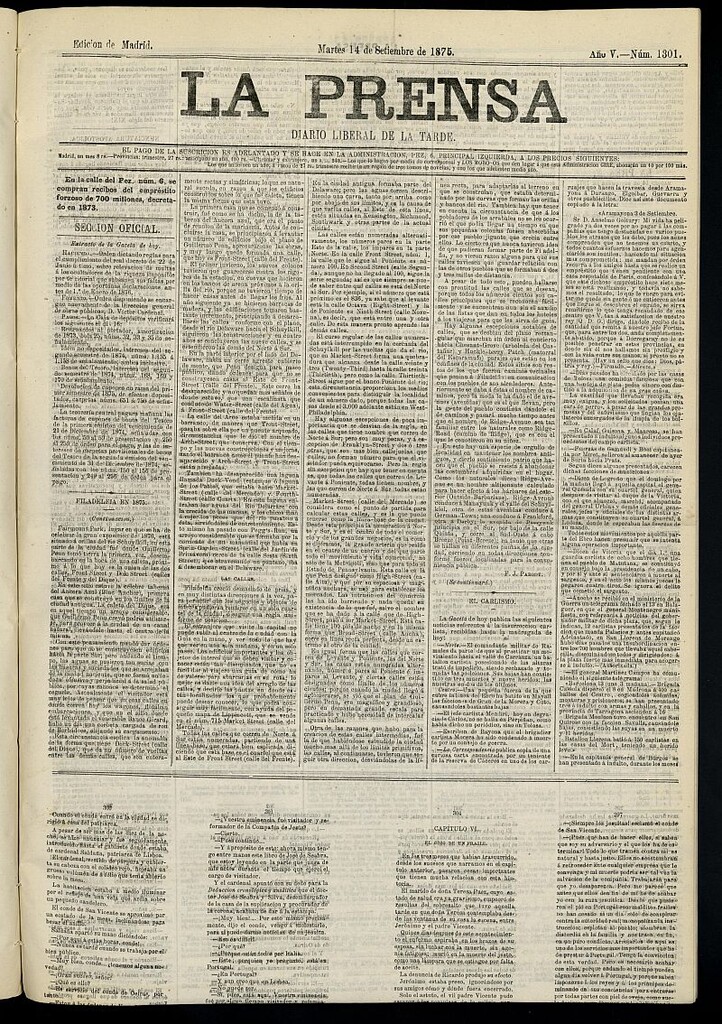 Miniatura de La Prensa : diario de la mañana : político, literario y de noticias del 14 de septiembre de 1875, nº 1301