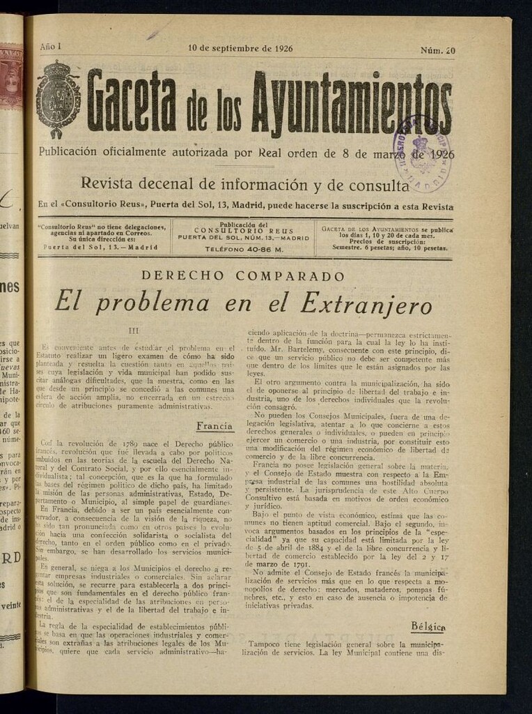 Miniatura de Gaceta de los Ayuntamientos : revista decenal de información y consulta. Nº 20