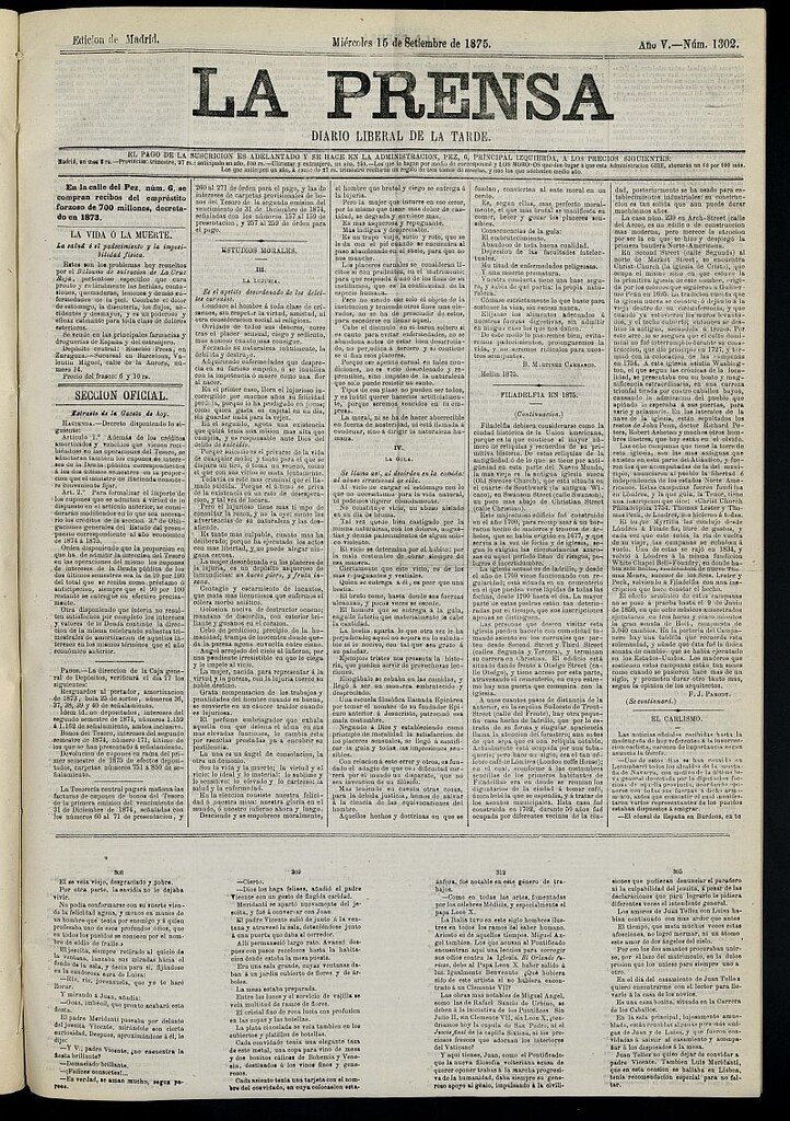 Miniatura de La Prensa : diario de la mañana : político, literario y de noticias del 15 de septiembre de 1875, nº 1302