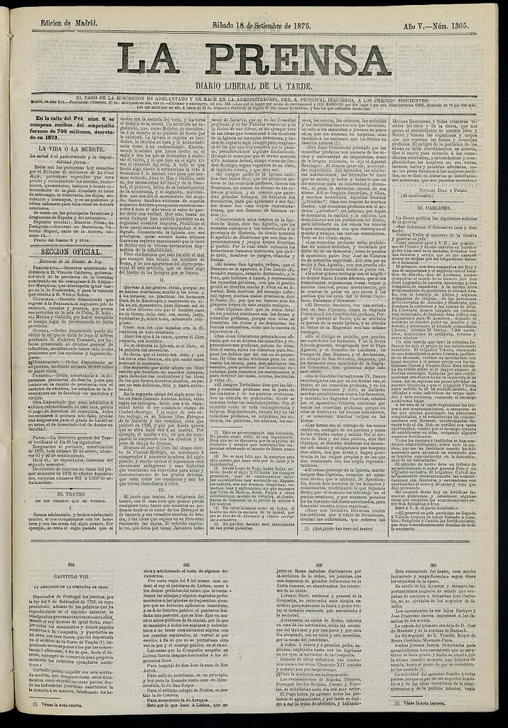 Miniatura de La Prensa : diario de la mañana : político, literario y de noticias del 18 de septiembre de 1875, nº 1305