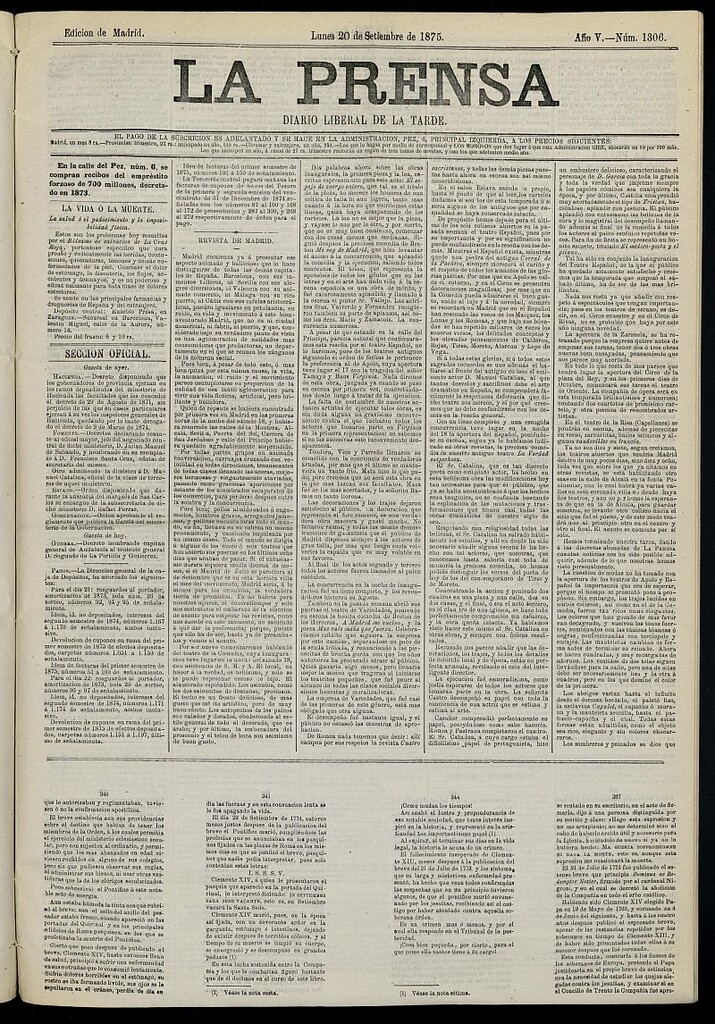 Miniatura de La Prensa : diario de la mañana : político, literario y de noticias del 20 de septiembre de 1875, nº 1306