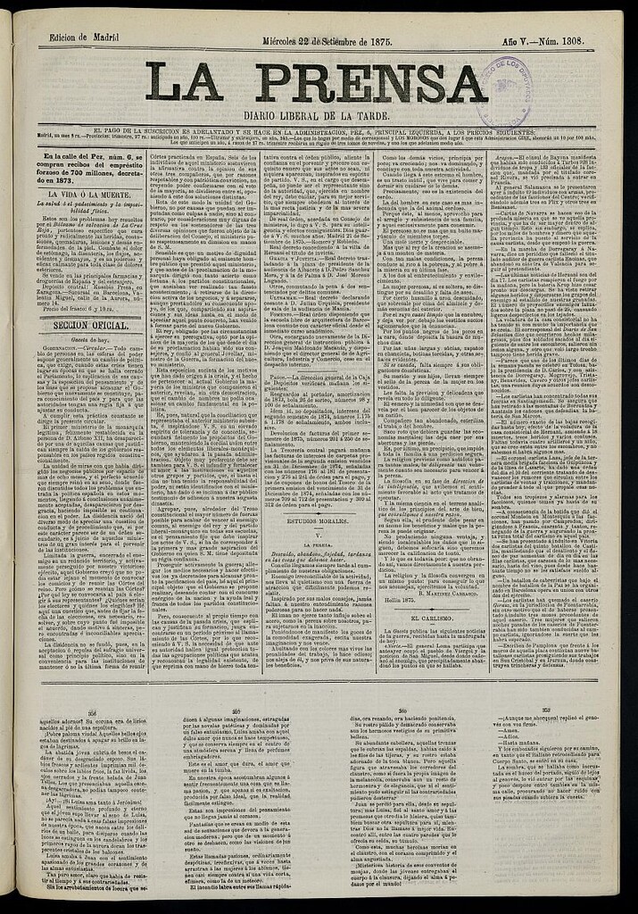 Miniatura de La Prensa : diario de la mañana : político, literario y de noticias del 22 de septiembre de 1875, nº 1308