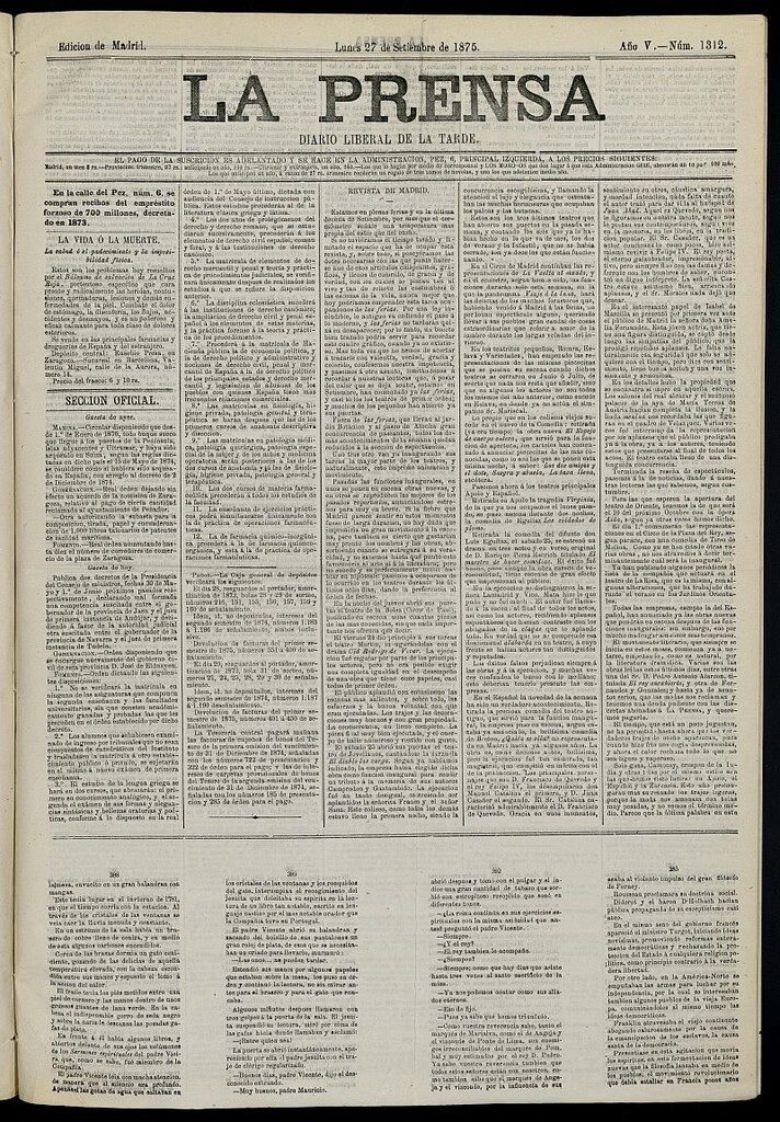 Miniatura de La Prensa : diario de la mañana : político, literario y de noticias del 27 de septiembre de 1875, nº 1312