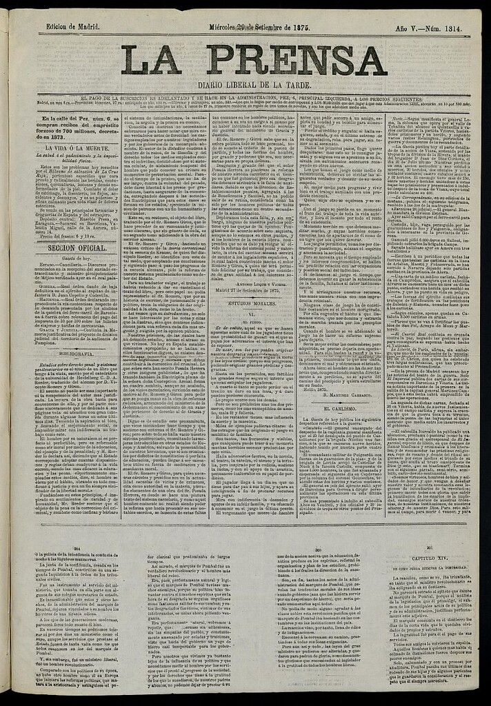 Miniatura de La Prensa : diario de la mañana : político, literario y de noticias del 29 de septiembre de 1875, nº 1314