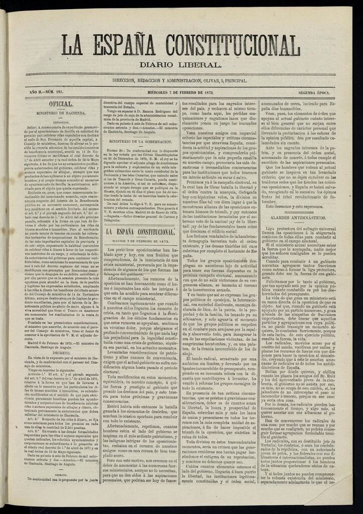 Miniatura de La España Constitucional: diario liberal del miércoles 7 de febrero de 1872. Número 181