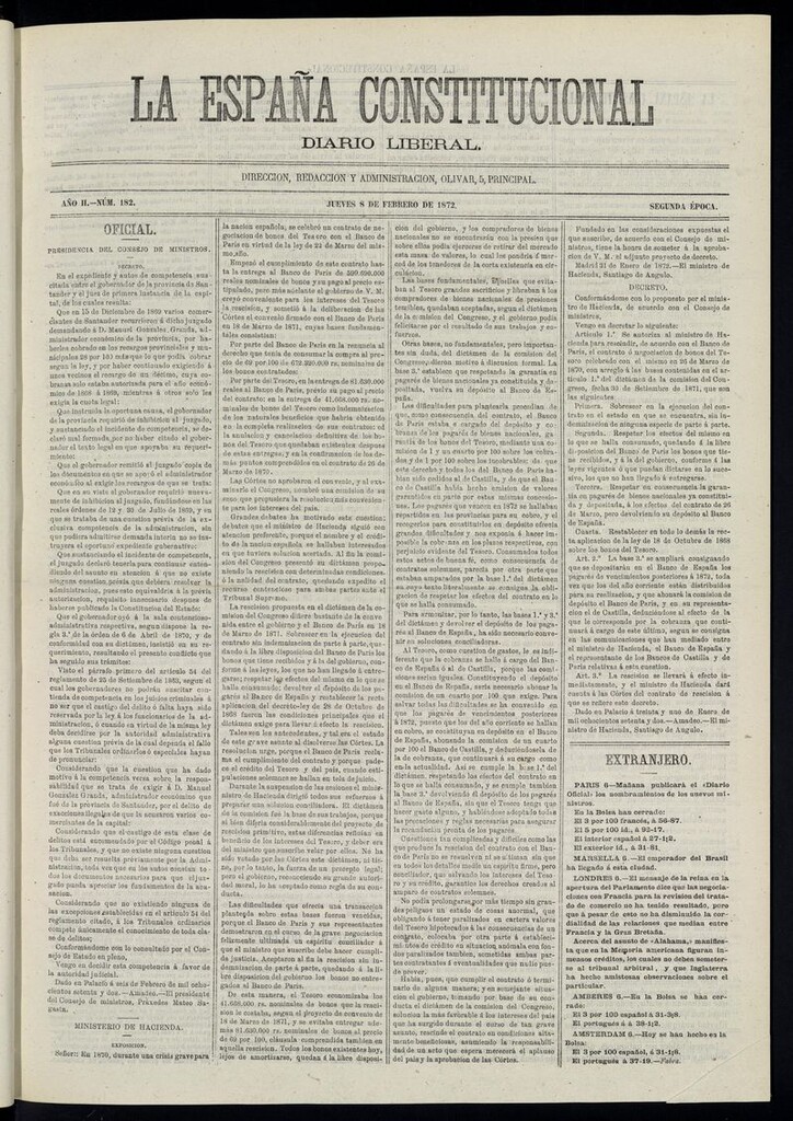 Miniatura de La España Constitucional: diario liberal del jueves 8 de febrero de 1872. Número 182