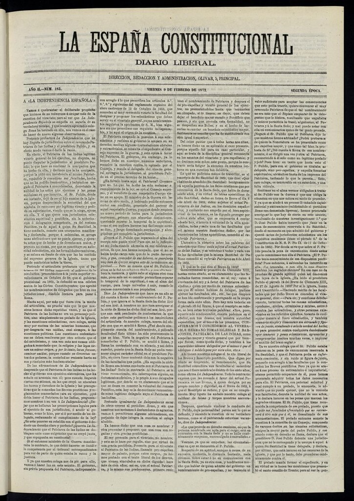 Miniatura de La España Constitucional: diario liberal del viernes 9 de febrero de 1872. Número 183