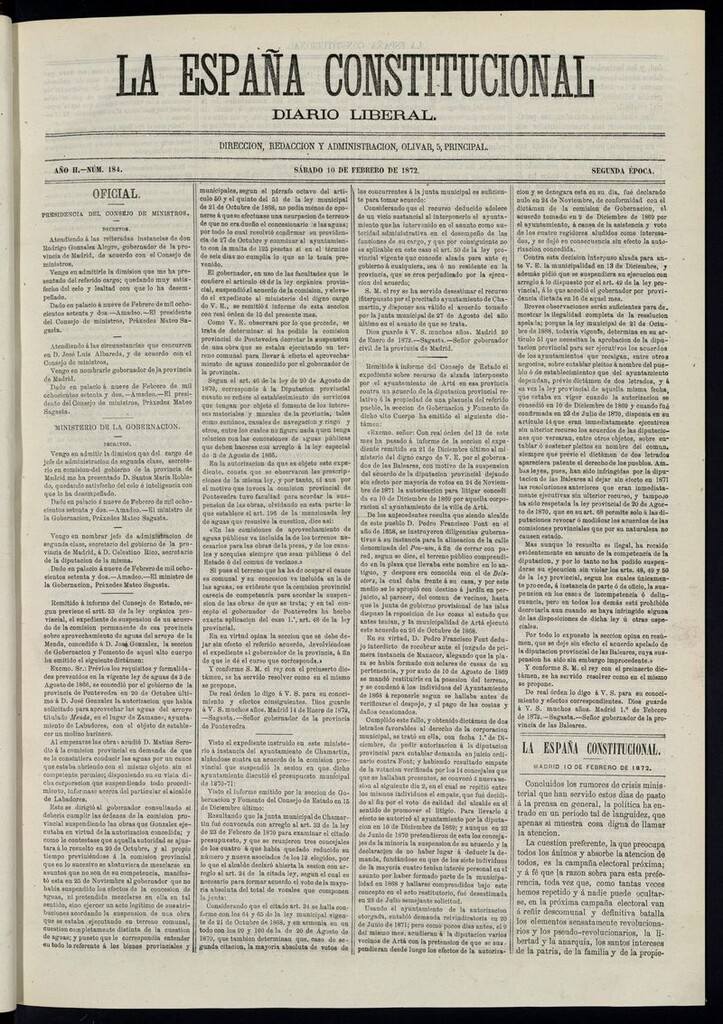 Miniatura de La España Constitucional: diario liberal del sábado 10 de febrero de 1872. Número 184