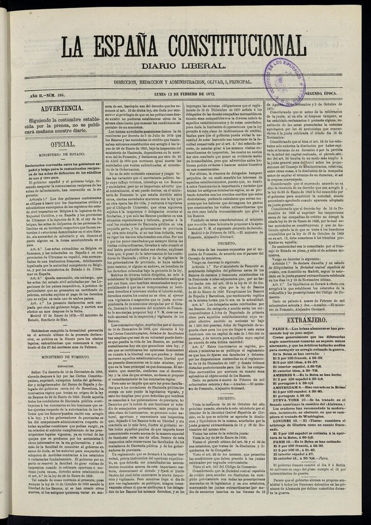 Miniatura de La España Constitucional: diario liberal del lunes 12 de febrero de 1872. Número 185