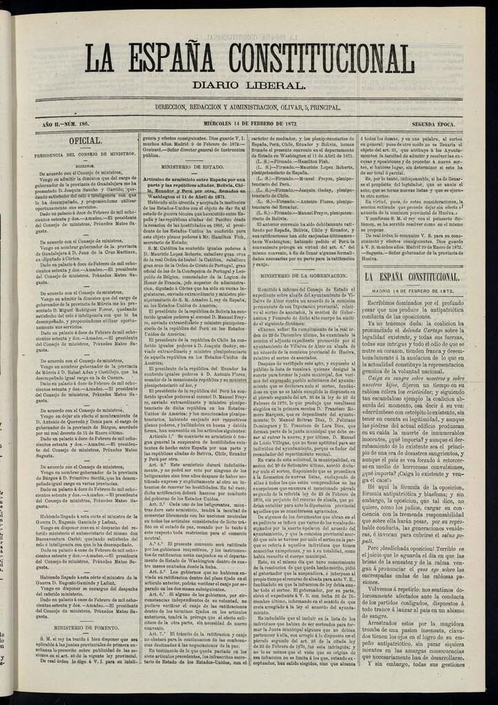 Miniatura de La España Constitucional: diario liberal del miércoles 14 de febrero de 1872. Número 186