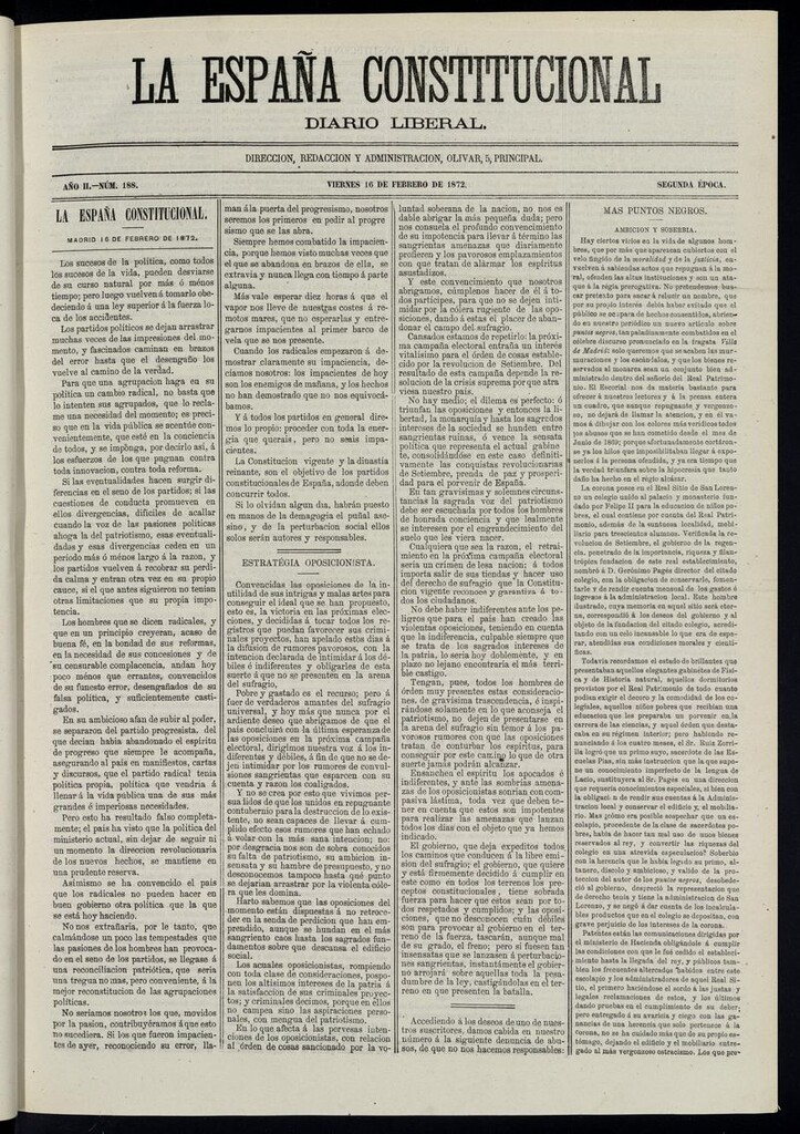 Miniatura de La España Constitucional: diario liberal del viernes 16 de febrero de 1872. Número 188
