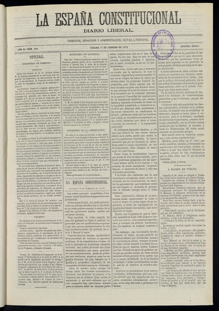 Miniatura de La España Constitucional: diario liberal del sábado 17 de febrero de 1872. Número 189