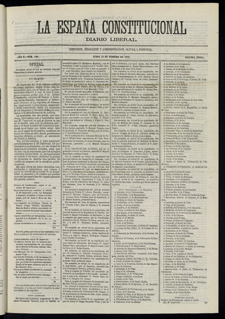 Miniatura de La España Constitucional: diario liberal del lunes 19 de febrero de 1872. Número 190