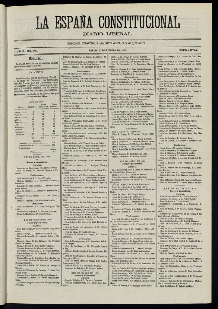 Miniatura de La España Constitucional: diario liberal del martes 20 de febrero de 1872. Número 191