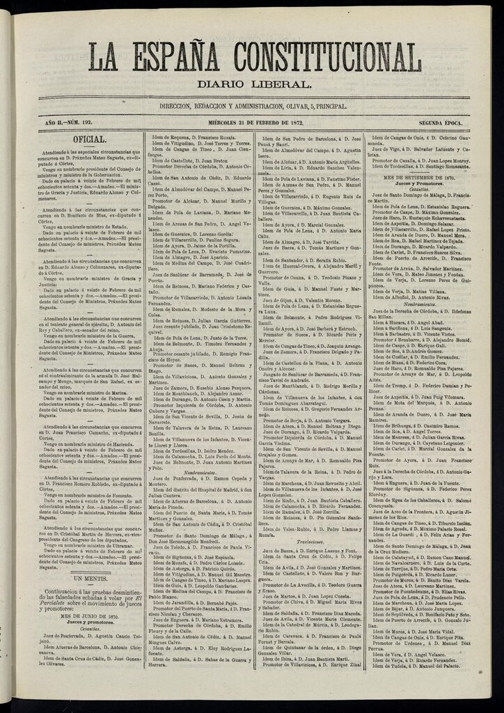Miniatura de La España Constitucional: diario liberal del miércoles 21 de febrero de 1872. Número 192