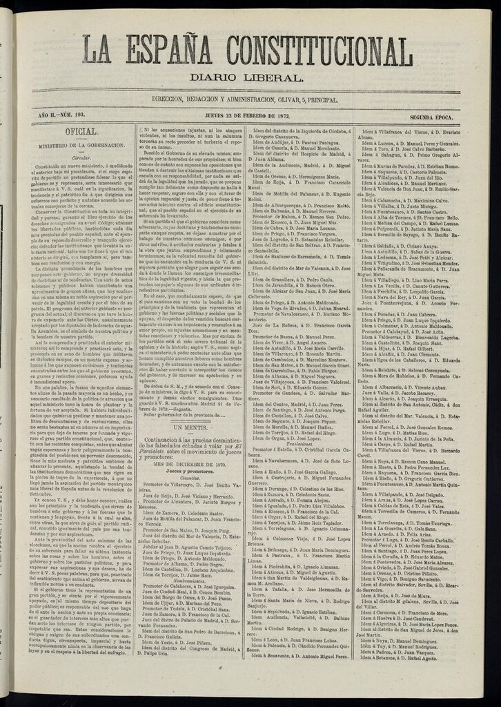 Miniatura de La España Constitucional: diario liberal del jueves 22 de febrero de 1872. Número 193