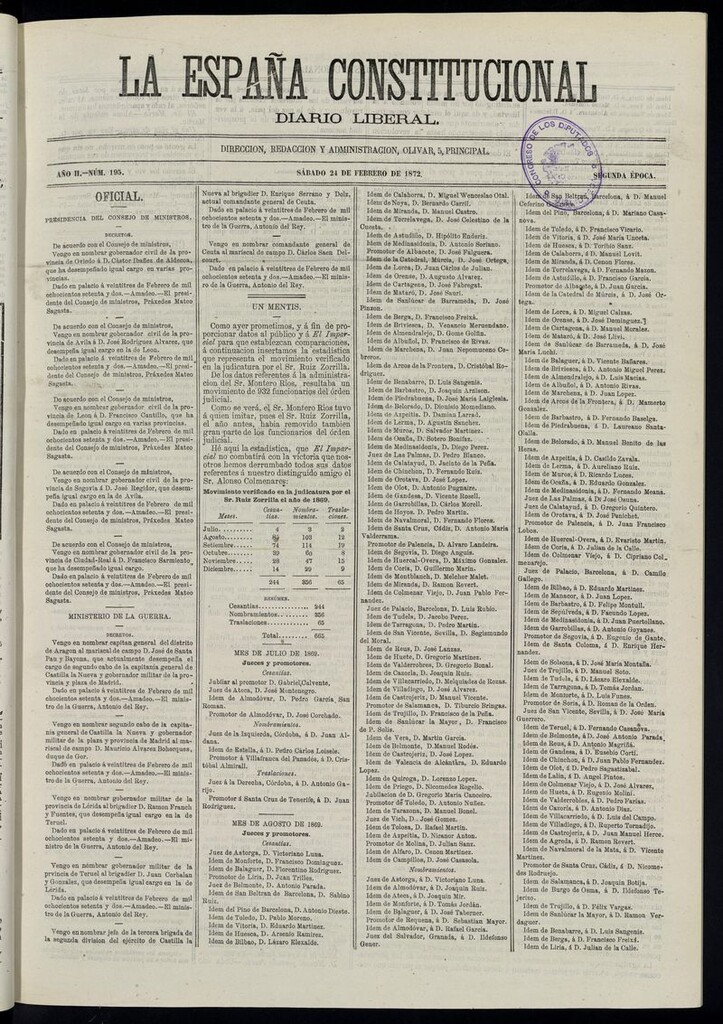 Miniatura de La España Constitucional: diario liberal del sábado 24 de febrero de 1872. Número 195