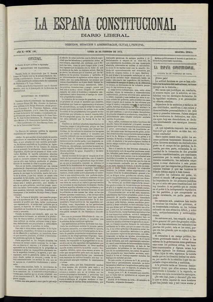 Miniatura de La España Constitucional: diario liberal del lunes 26 de febrero de 1872. Número 196