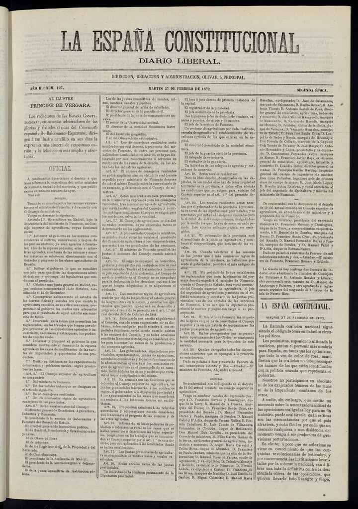 Miniatura de La España Constitucional: diario liberal del martes 27 de febrero de 1872. Número 197