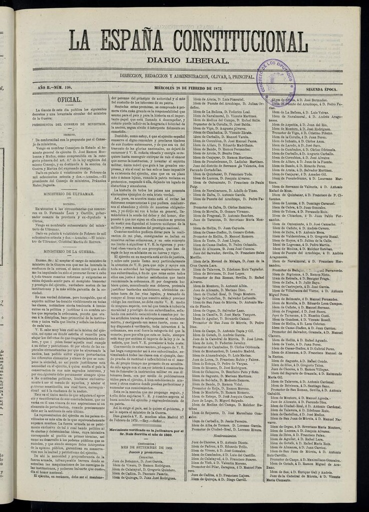 Miniatura de La España Constitucional: diario liberal del miércoles 28 de febrero de 1872. Número 198