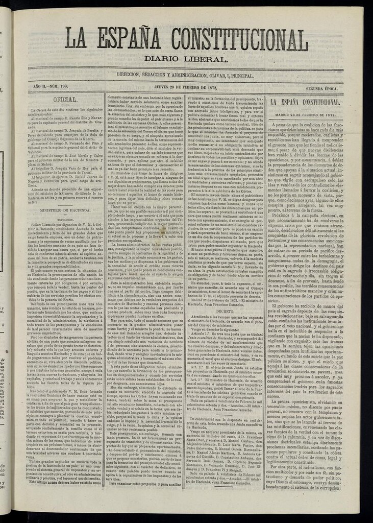 Miniatura de La España Constitucional: diario liberal del jueves 29 de febrero de 1872. Número 199