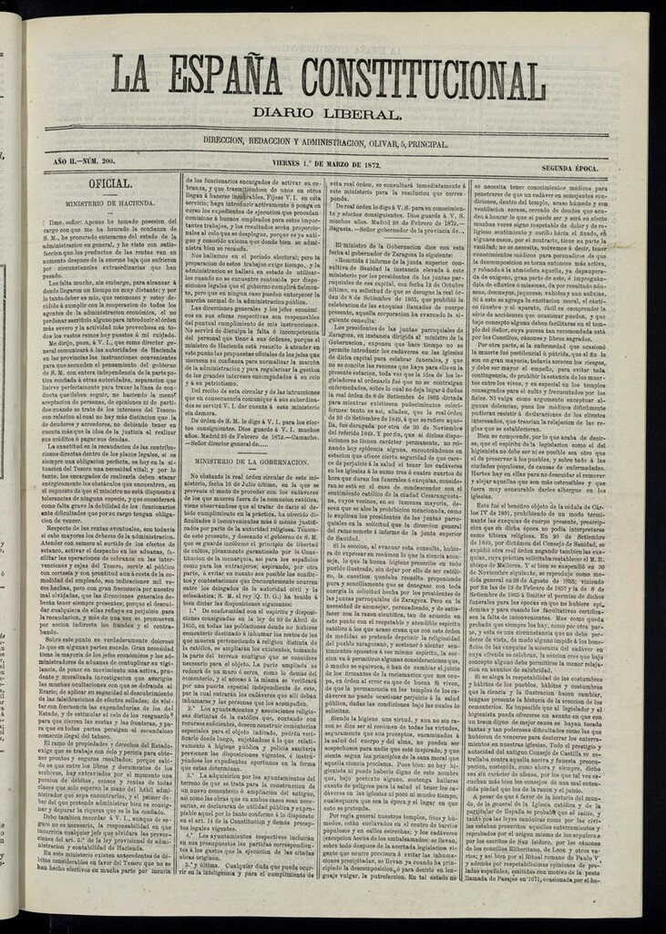 Miniatura de La España Constitucional: diario liberal del viernes 1 de marzo de 1872. Número 200