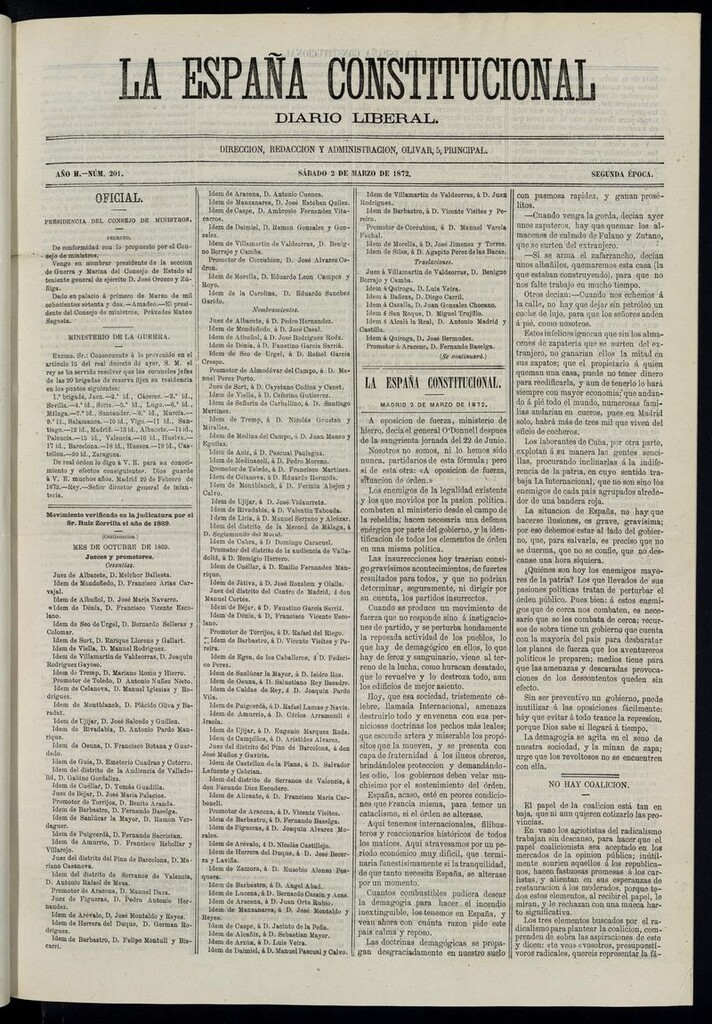 Miniatura de La España Constitucional: diario liberal del sábado 2 de marzo de 1872. Número 201